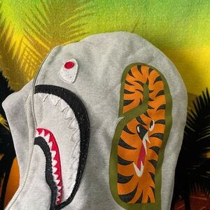 Bape Gray Shark Hoodie with Tiger Print